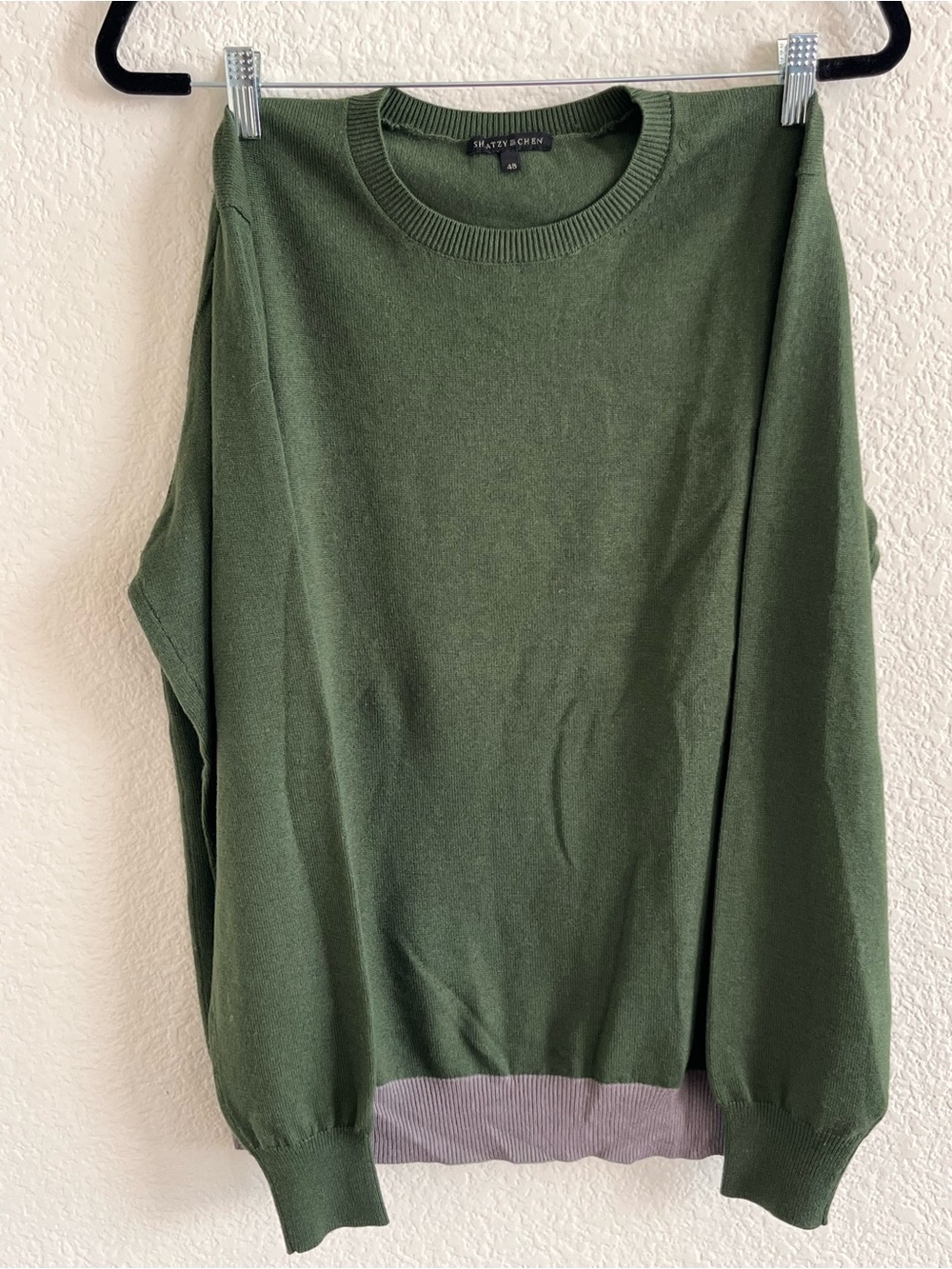 Shiatzy Chen Men's Crewneck Sweater in Olive Green.  Wool,Silk,Cashmere blend.